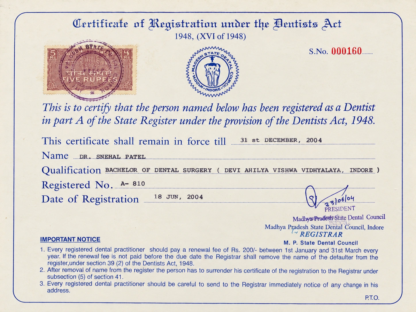 Original 2004 dental registration certificate for Dr. Snehal Patel, registration number A-810