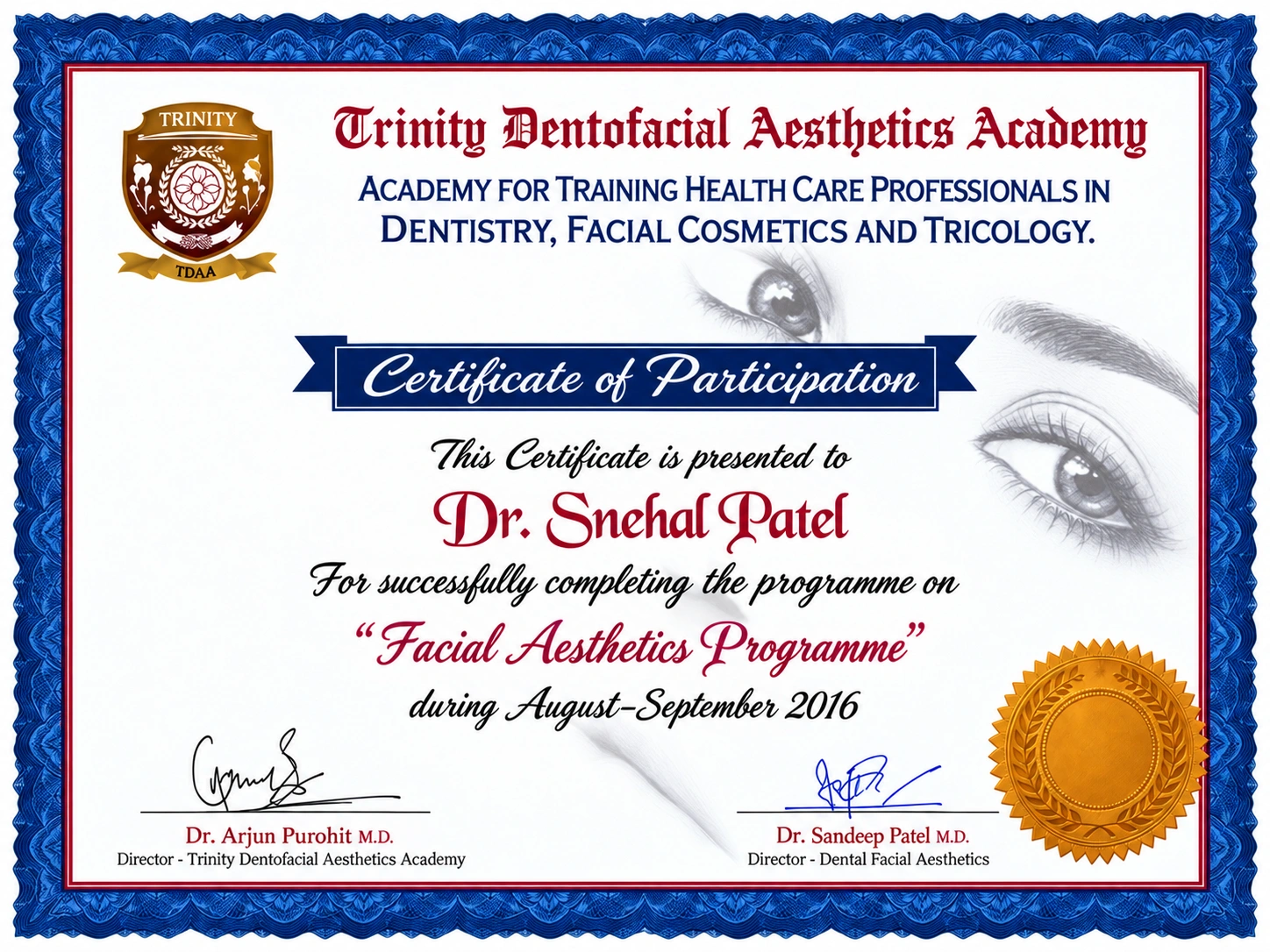 Facial Aesthetics Programme participation certificate for Dr. Snehal Patel