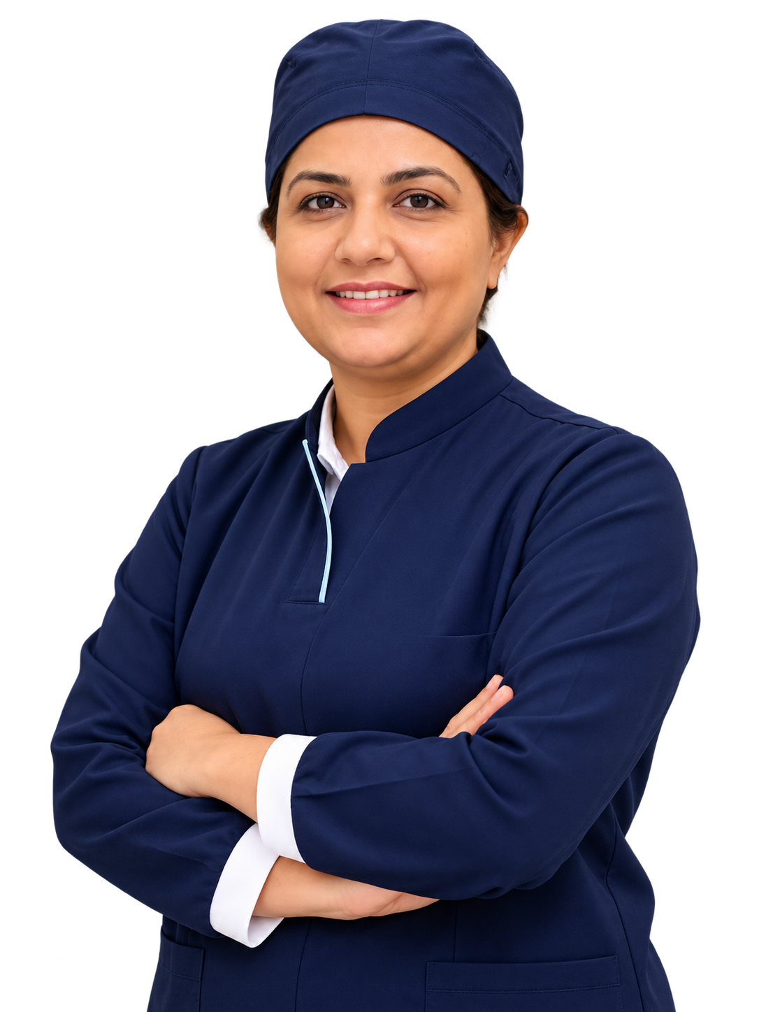 Dentist in navy scrubs