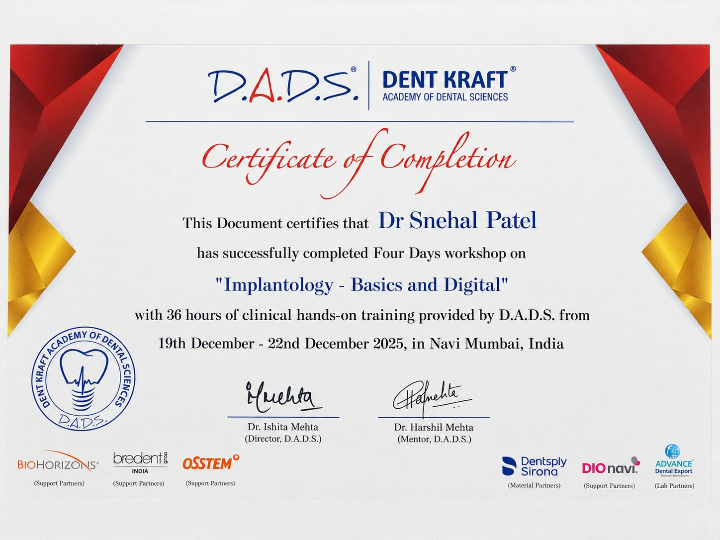 Implantology Basics and Digital workshop completion certificate for Dr. Snehal Patel from D.A.D.S. in December 2025